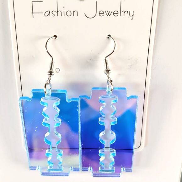 Acrylic Razor Blade Earrings Iridescent Blue Dangle Pierced Alt  Whimsygoth - Picture 6 of 9